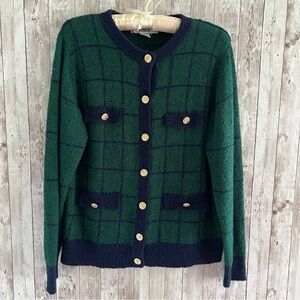 Segue Vintage Boucle Green and Navy Plaid Cardigan Preppy Classic Kennedy Medium